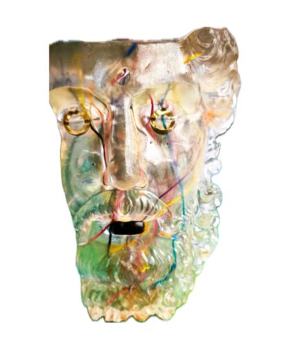 Archaic-style resin sculpture with wiring and light diffusion.