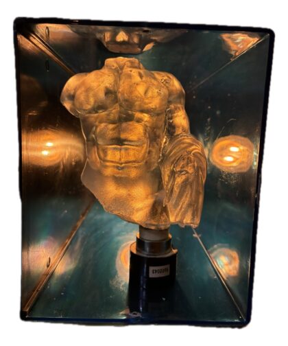 Plexiglass structure with lighting and an archaic-style resin sculpture.