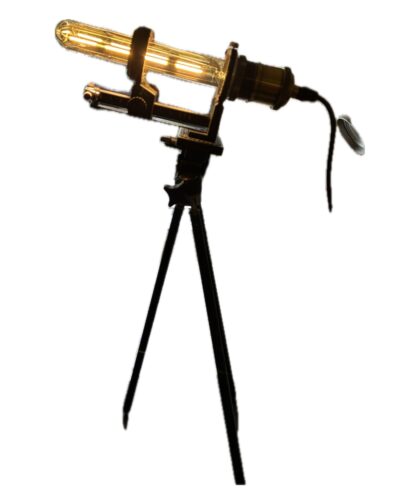 Vintage tripod structure with a telescope-shaped lamp.