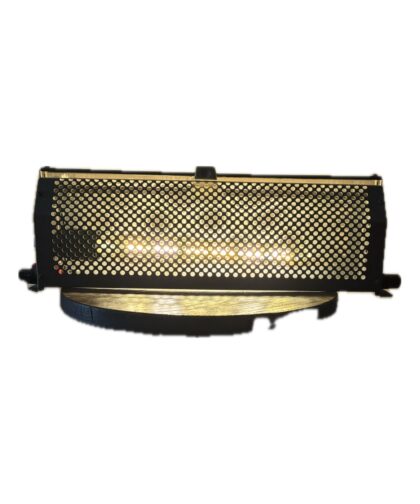 Perforated metal structure with a vintage lamp.