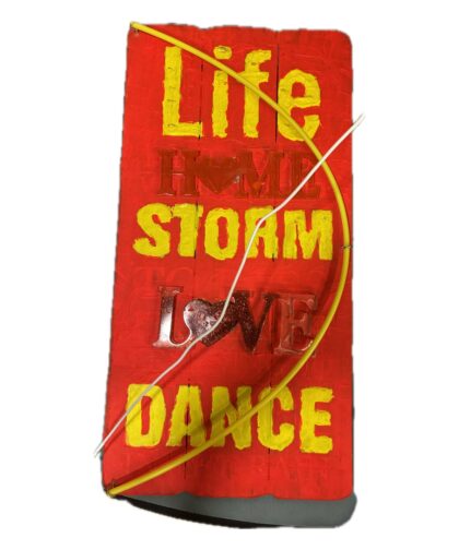 Mixed media piece with acrylics, letters, and LED lighting.