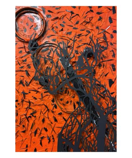 Mixed media with acrylics and a metal surface in orange, with backlighting.